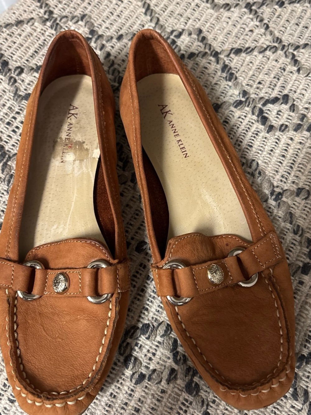 Anne Klein Cognac Leather Slip-On Moccasins with Metal Bit